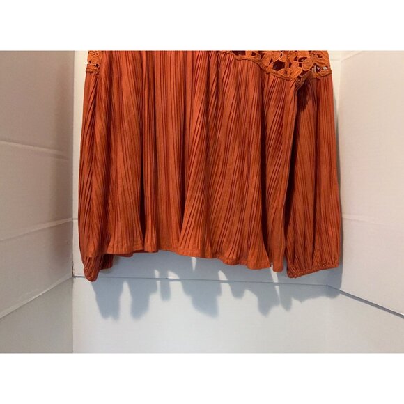 Express Blouse Small Rust Orange Crochet Lace Pleated Long Sleeve Boho Top Peasa - Picture 10 of 14